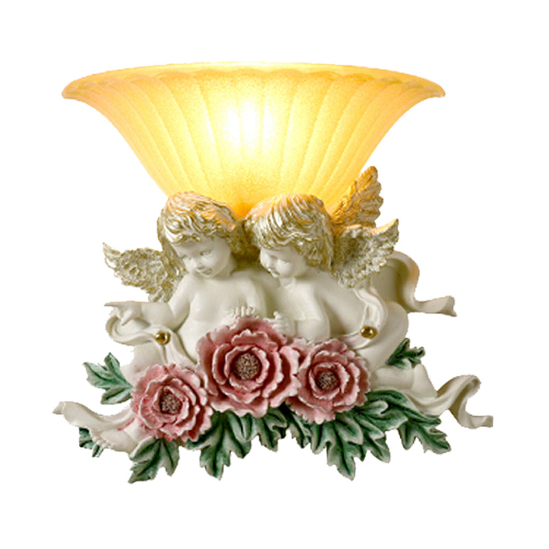 Skørter | Curved Frosted Glass Wall Lamp Retro Style 1-Light Yellow Flush Wall Lamp with Pink/Beige Rose Details