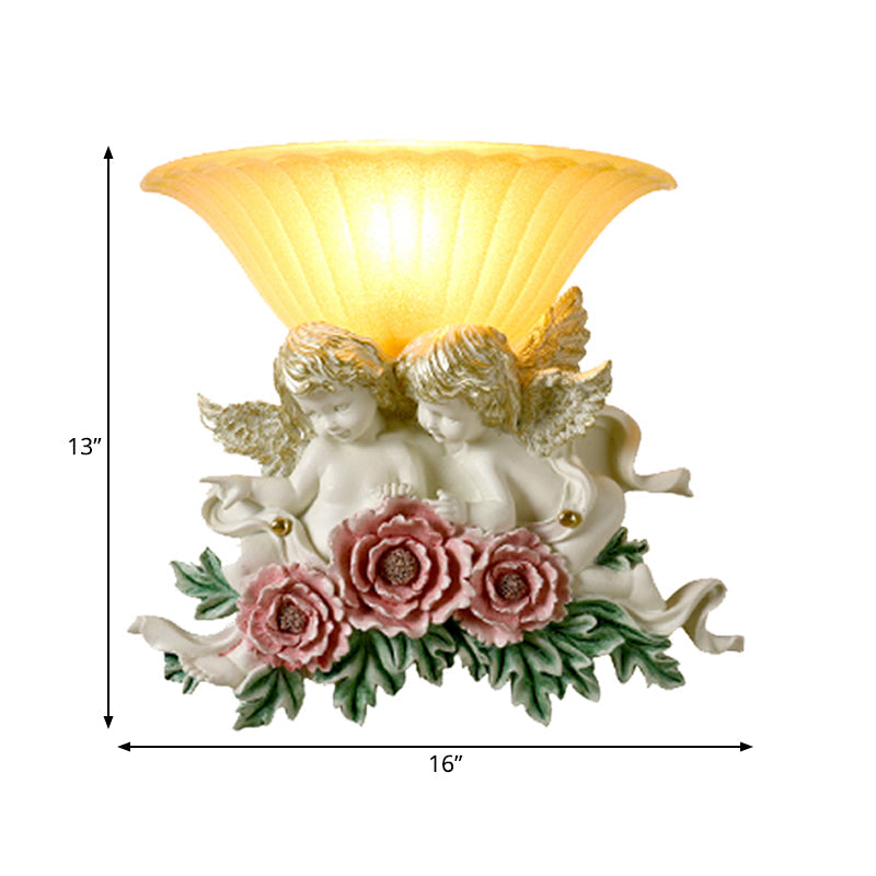 Skørter | Curved Frosted Glass Wall Lamp Retro Style 1-Light Yellow Flush Wall Lamp with Pink/Beige Rose Details