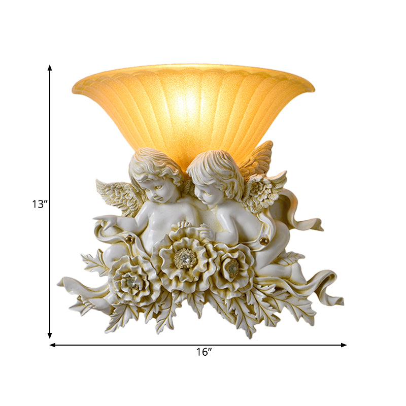 Skørter | Curved Frosted Glass Wall Lamp Retro Style 1-Light Yellow Flush Wall Lamp with Pink/Beige Rose Details