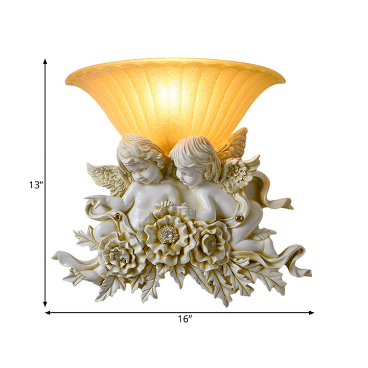 Skørter | Curved Frosted Glass Wall Lamp Retro Style 1-Light Yellow Flush Wall Lamp with Pink/Beige Rose Details