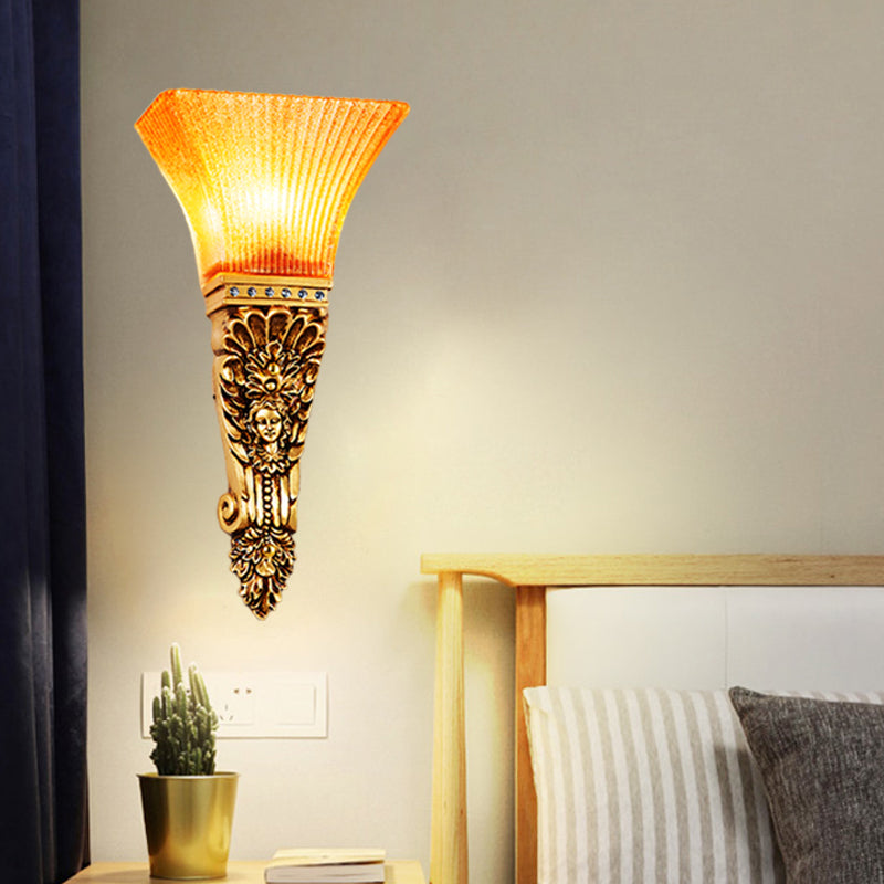 Skørter | Ribbed Glass Torch Wall Lamp Colonial 1 Light Amber Wall Mounted Lamp with Gold Finish Produced Back Plate