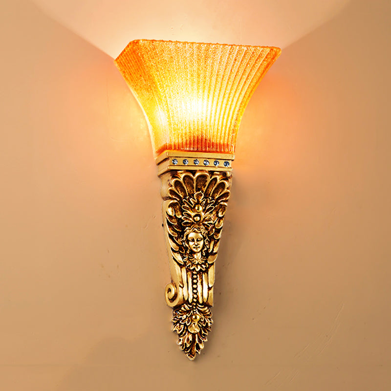 Skørter | Ribbed Glass Torch Wall Lamp Colonial 1 Light Amber Wall Mounted Lamp with Gold Finish Produced Back Plate