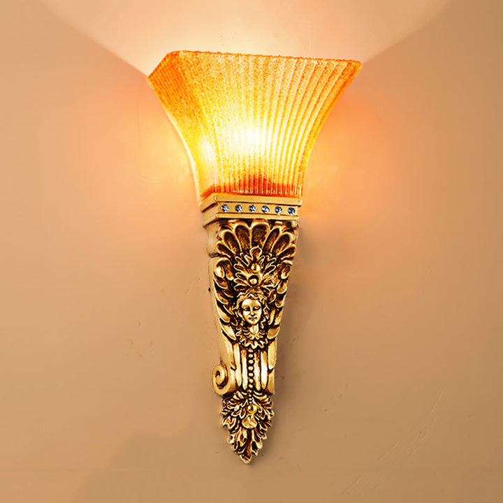 Skørter | Ribbed Glass Torch Wall Lamp Colonial 1 Light Amber Wall Mounted Lamp with Gold Finish Produced Back Plate