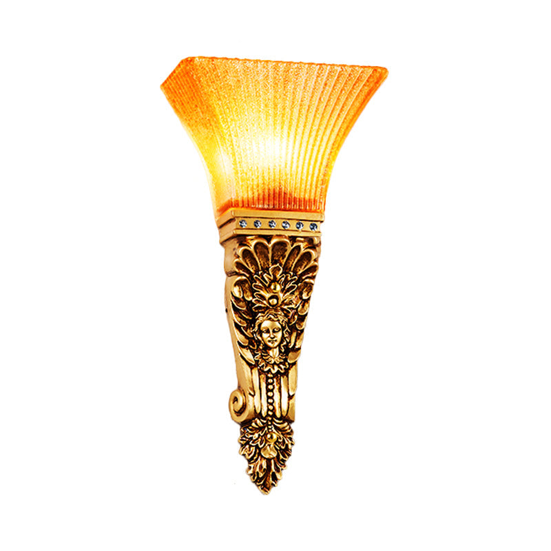 Skørter | Ribbed Glass Torch Wall Lamp Colonial 1 Light Amber Wall Mounted Lamp with Gold Finish Produced Back Plate