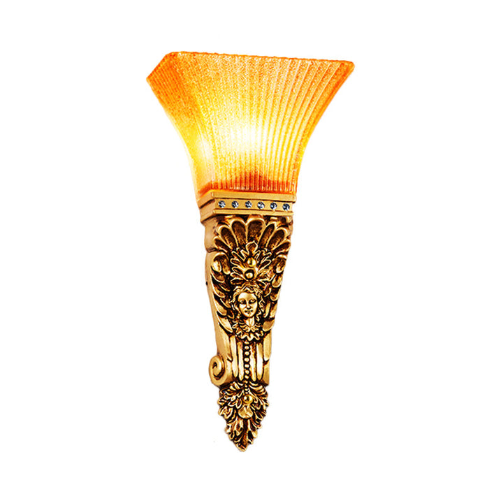 Skørter | Ribbed Glass Torch Wall Lamp Colonial 1 Light Amber Wall Mounted Lamp with Gold Finish Produced Back Plate