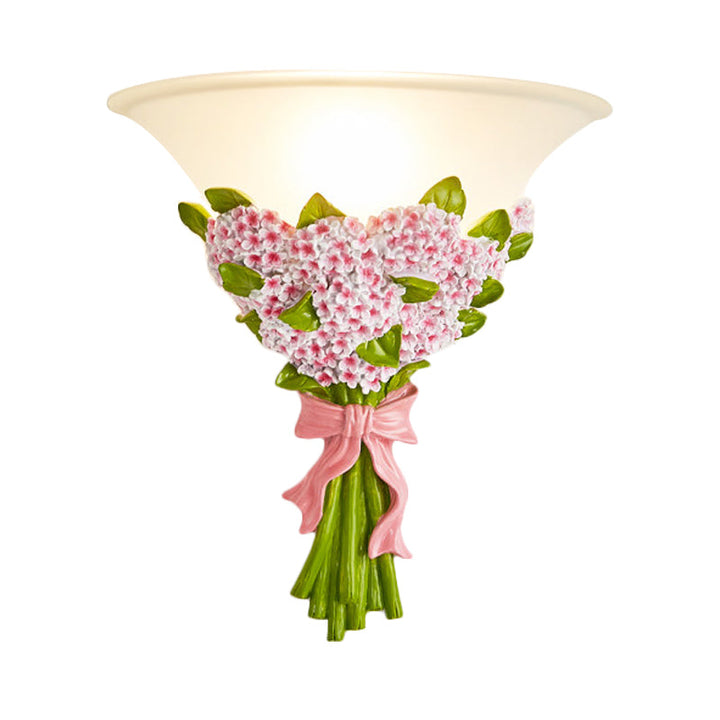 Skørter | 1-Head Frosted Glass Wall Light Modern White Slim Wall Lamp with Yellow/Pink Gypsophila Flower Arrangement Element