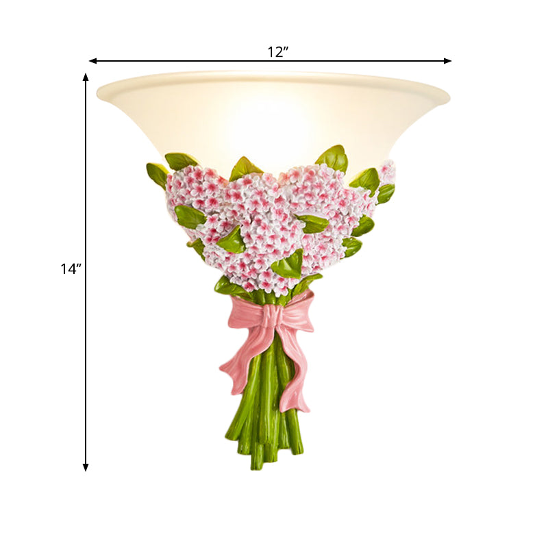 Skørter | 1-Head Frosted Glass Wall Light Modern White Slim Wall Lamp with Yellow/Pink Gypsophila Flower Arrangement Element