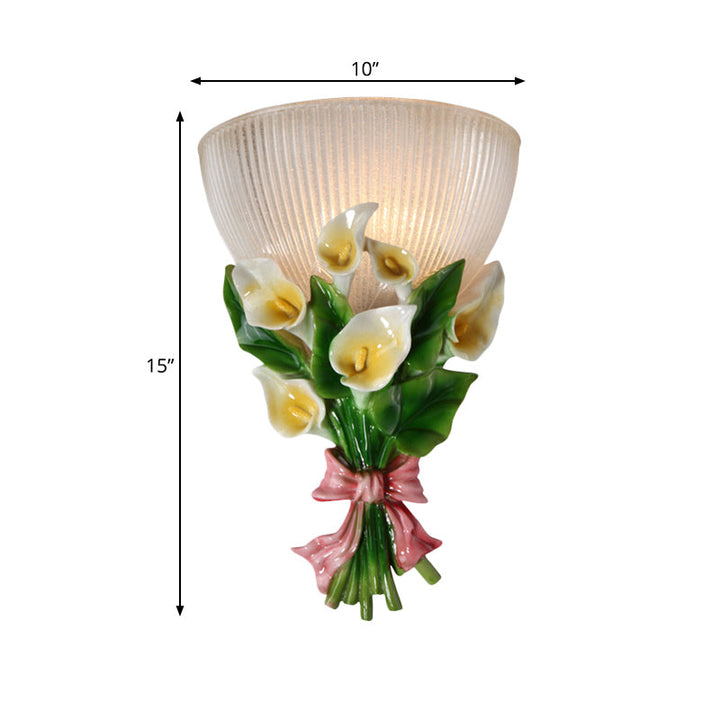 Skørter | Dome-shaped Wall Lamp Modern Style Ribbed Glass 1 Lamp White Sconce Light with Green Bouquet Detail