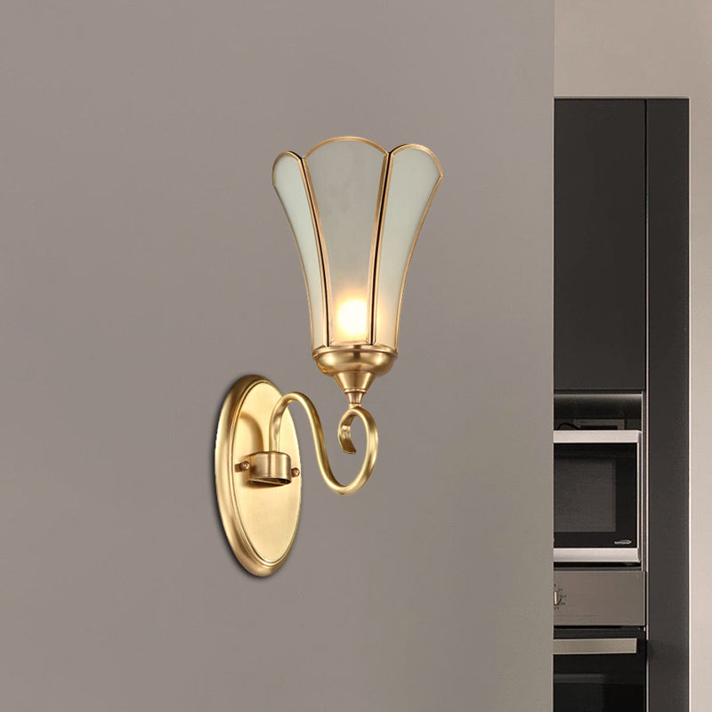 Skørter | Flowers Living Room Wall Lamp Traditional Metal 1 Head Brass Wall Mounted Light with White Faceted Glass Shade