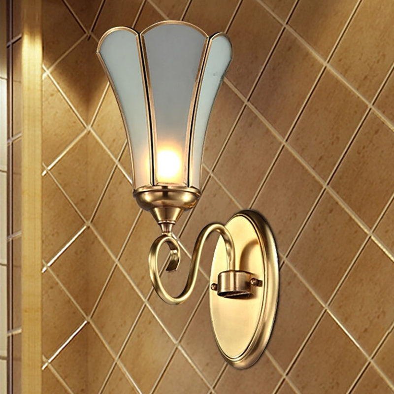 Skørter | Flowers Living Room Wall Lamp Traditional Metal 1 Head Brass Wall Mounted Light with White Faceted Glass Shade