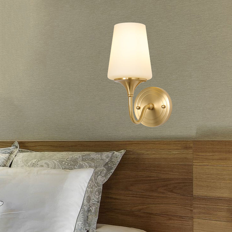 Skørter | 1/2-bowl conical shade wall lamp contemporary style white glass wall sconce lighting in bronze for bedroom