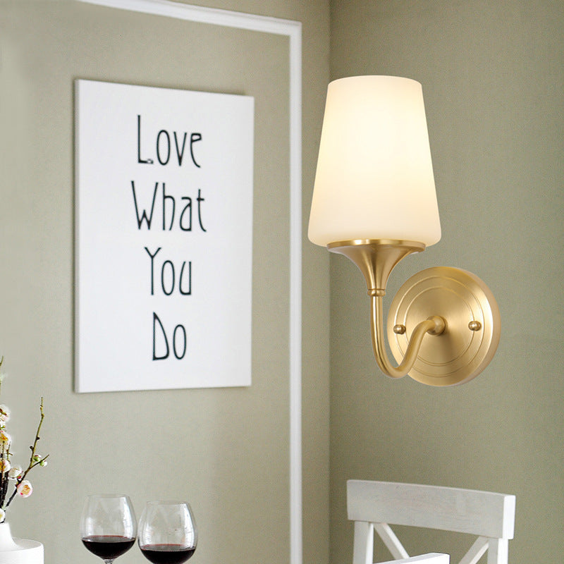 Skørter | 1/2-bowl conical shade wall lamp contemporary style white glass wall sconce lighting in bronze for bedroom