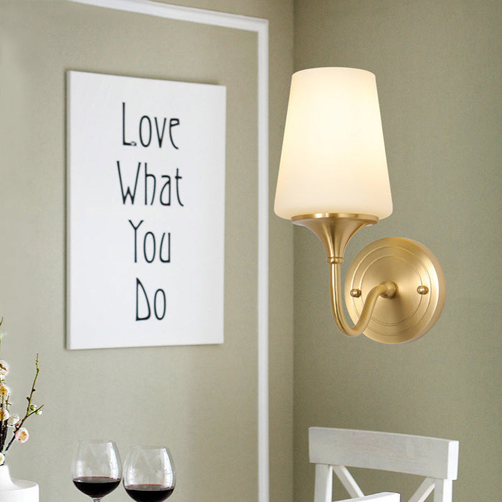 Skørter | 1/2-bowl conical shade wall lamp contemporary style white glass wall sconce lighting in bronze for bedroom