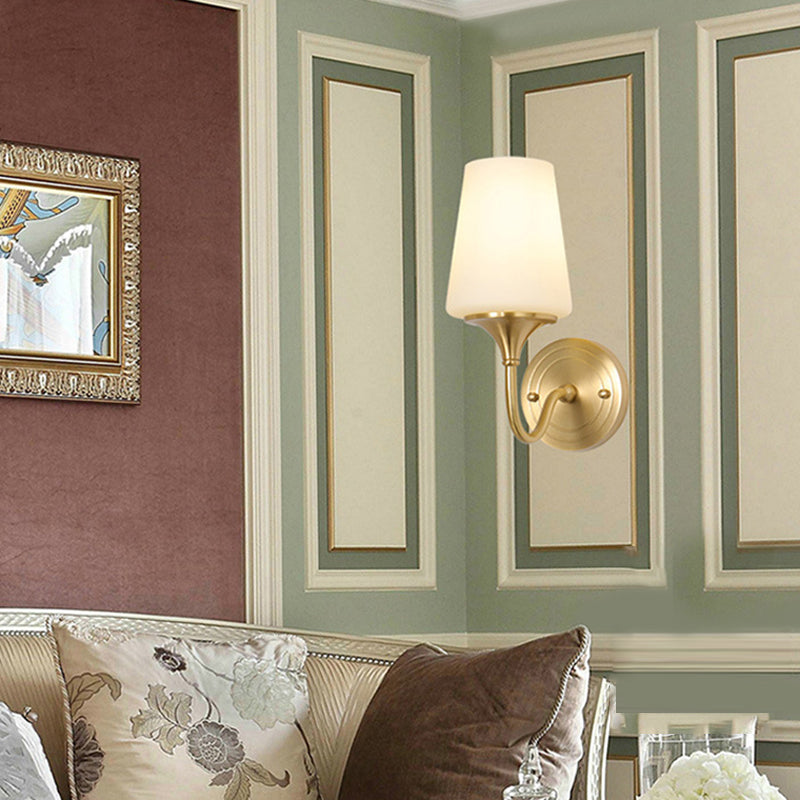 Skørter | 1/2-bowl conical shade wall lamp contemporary style white glass wall sconce lighting in bronze for bedroom
