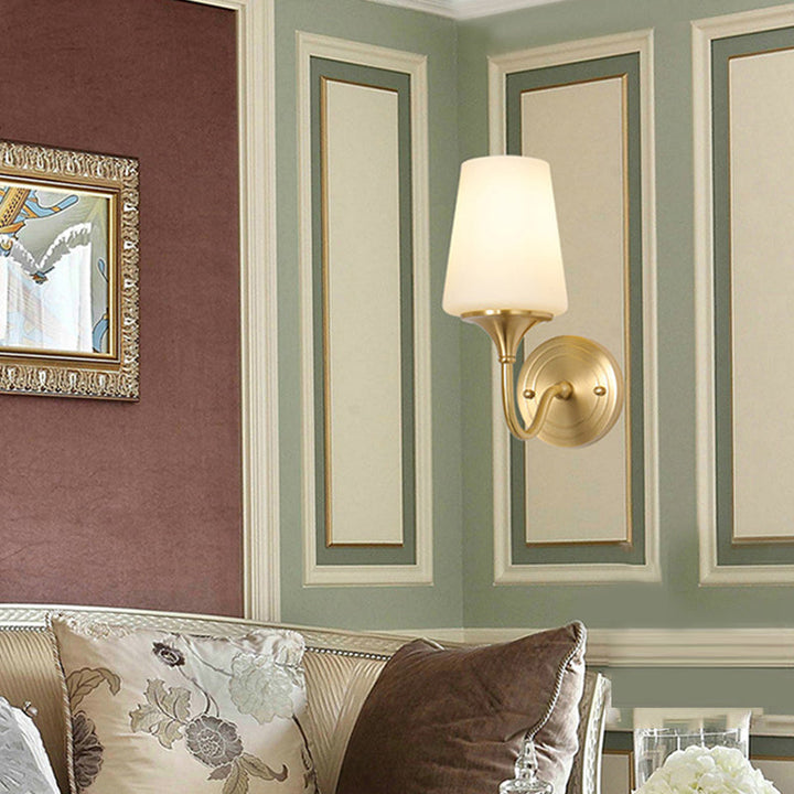 Skørter | 1/2-bowl conical shade wall lamp contemporary style white glass wall sconce lighting in bronze for bedroom