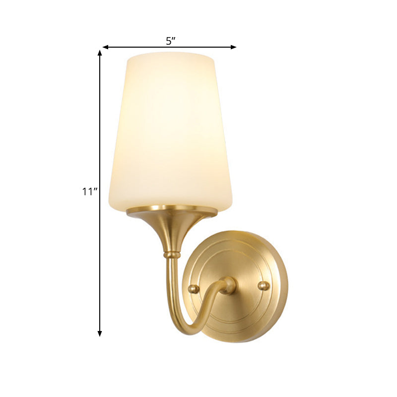 Skørter | 1/2-bowl conical shade wall lamp contemporary style white glass wall sconce lighting in bronze for bedroom