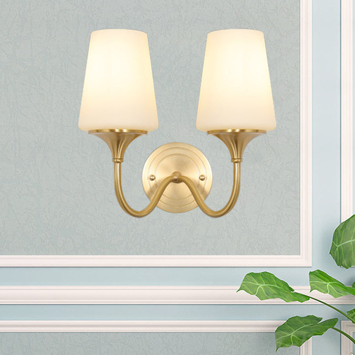 Skørter | 1/2-bowl conical shade wall lamp contemporary style white glass wall sconce lighting in bronze for bedroom