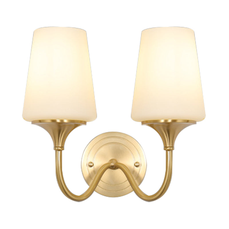 Skørter | 1/2-bowl conical shade wall lamp contemporary style white glass wall sconce lighting in bronze for bedroom