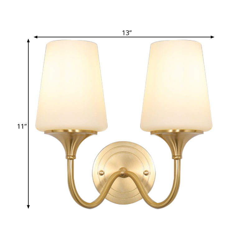 Skørter | 1/2-bowl conical shade wall lamp contemporary style white glass wall sconce lighting in bronze for bedroom