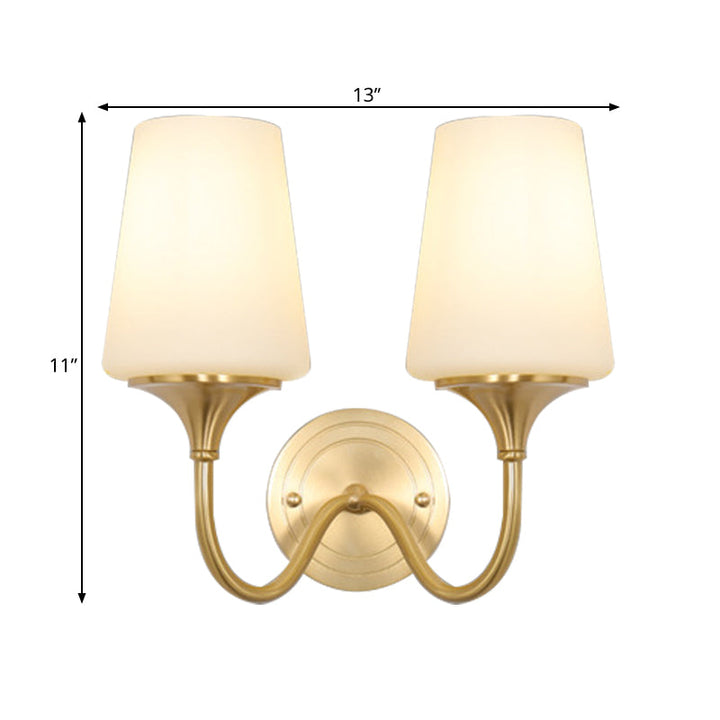 Skørter | 1/2-bowl conical shade wall lamp contemporary style white glass wall sconce lighting in bronze for bedroom