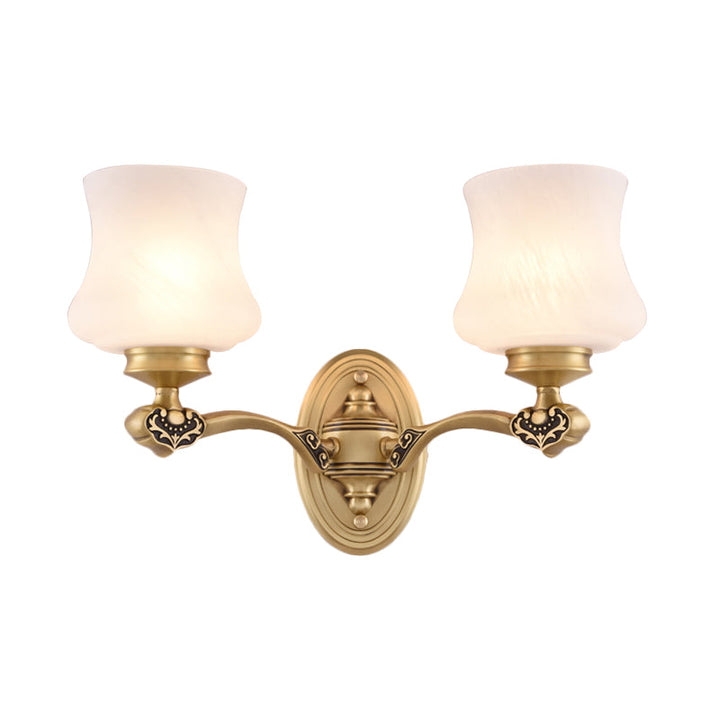 Skørter | 1/2-head Wall Mount Lighting Vintage Style Bell Shade White Glass Wall Lamp in Brass for the Living Room