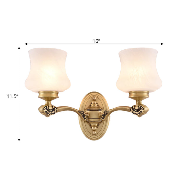 Skørter | 1/2-head Wall Mount Lighting Vintage Style Bell Shade White Glass Wall Lamp in Brass for the Living Room