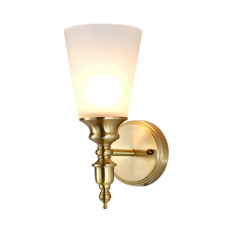 Skørter | Frosted Glass Conical Wall Lamp Vintage Style 1/2-Cup Indoor Wall Lighting in Brass