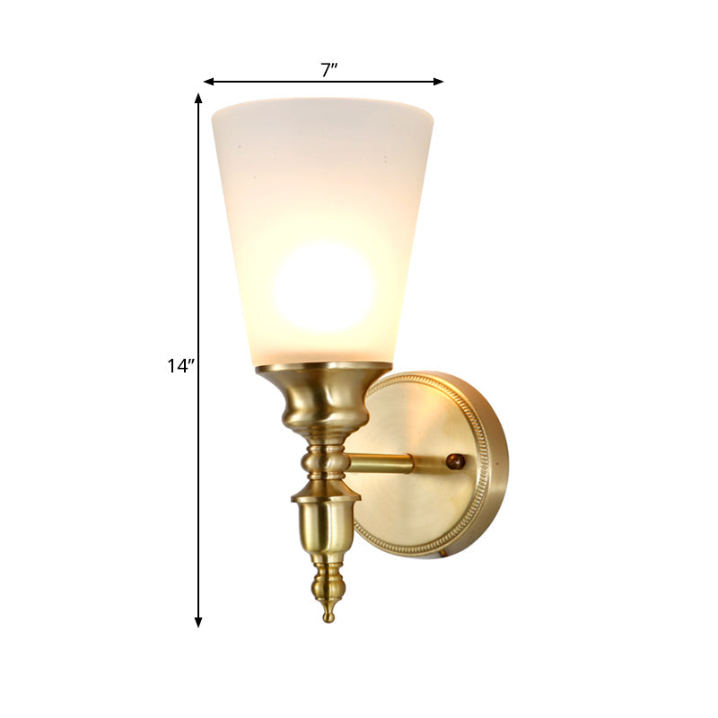Skørter | Frosted Glass Conical Wall Lamp Vintage Style 1/2-Cup Indoor Wall Lighting in Brass
