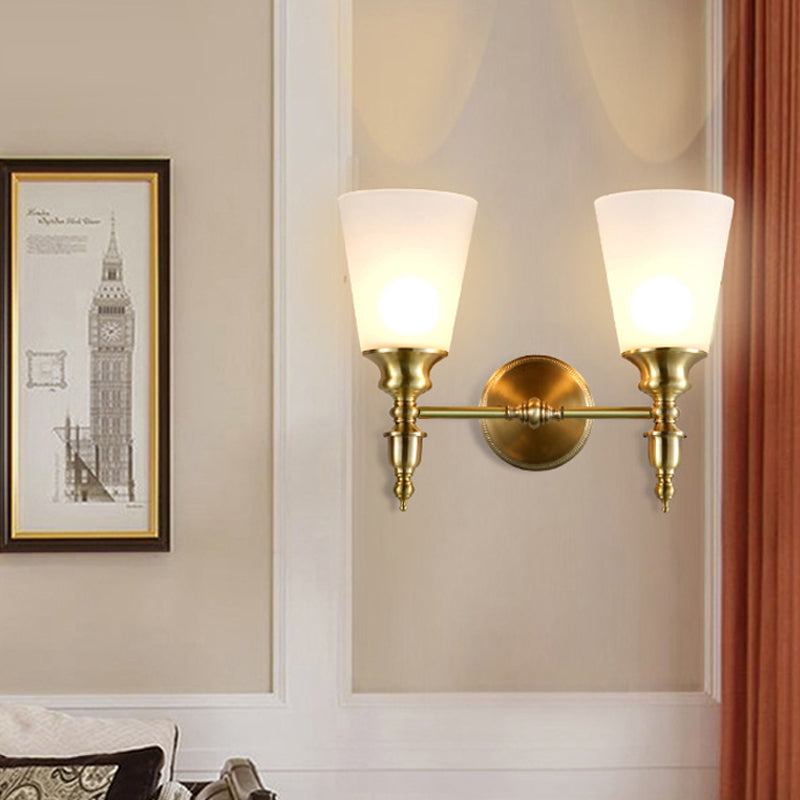 Skørter | Frosted Glass Conical Wall Lamp Vintage Style 1/2-Cup Indoor Wall Lighting in Brass
