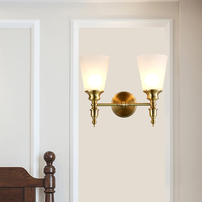Skørter | Frosted Glass Conical Wall Lamp Vintage Style 1/2-Cup Indoor Wall Lighting in Brass