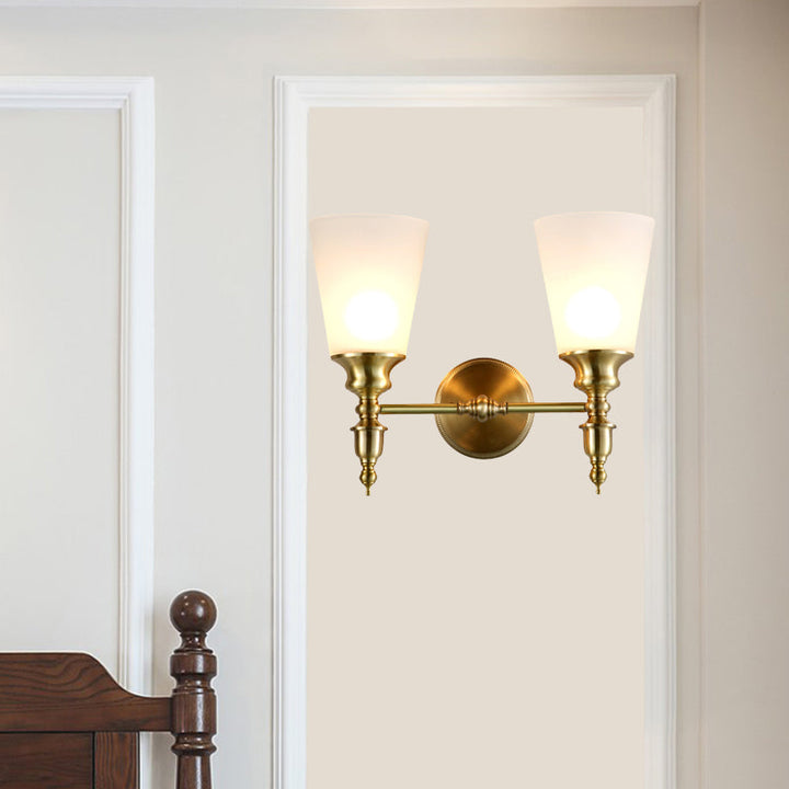 Skørter | Frosted Glass Conical Wall Lamp Vintage Style 1/2-Cup Indoor Wall Lighting in Brass