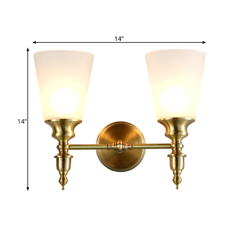 Skørter | Frosted Glass Conical Wall Lamp Vintage Style 1/2-Cup Indoor Wall Lighting in Brass