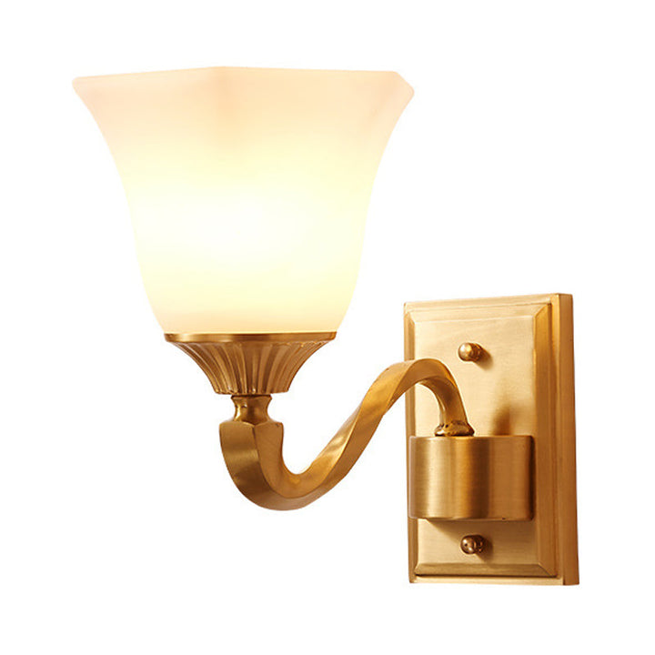 Skørter | Brass Curved Arm Wall Light Modernism Style Metal 1/2-Light Nightstand Wall Scone Lamp with Opal Glass Bell Shade