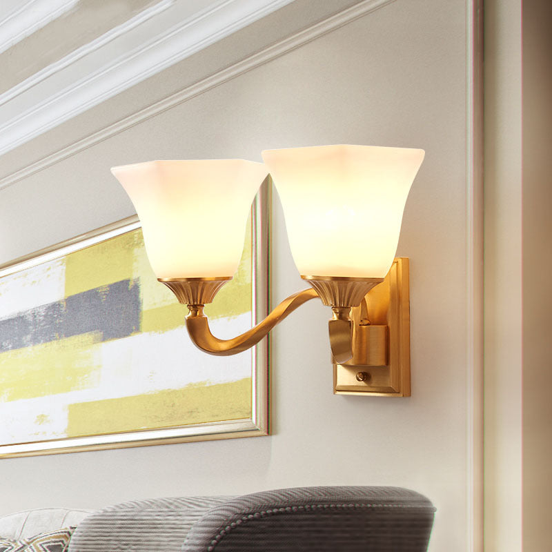 Skørter | Brass Curved Arm Wall Light Modernism Style Metal 1/2-Light Nightstand Wall Scone Lamp with Opal Glass Bell Shade