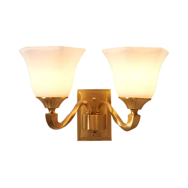 Skørter | Brass Curved Arm Wall Light Modernism Style Metal 1/2-Light Nightstand Wall Scone Lamp with Opal Glass Bell Shade