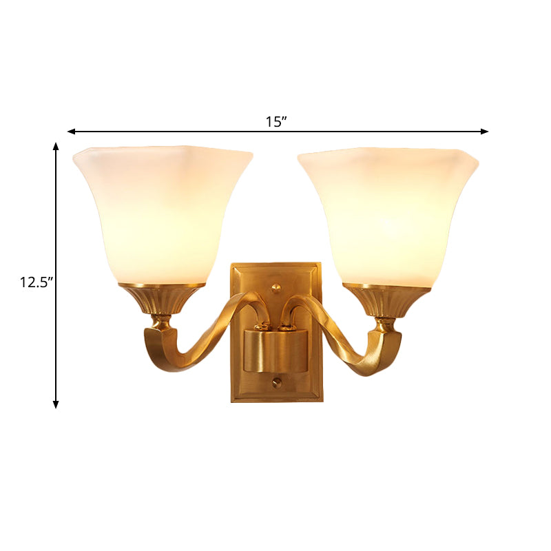 Skørter | Brass Curved Arm Wall Light Modernism Style Metal 1/2-Light Nightstand Wall Scone Lamp with Opal Glass Bell Shade