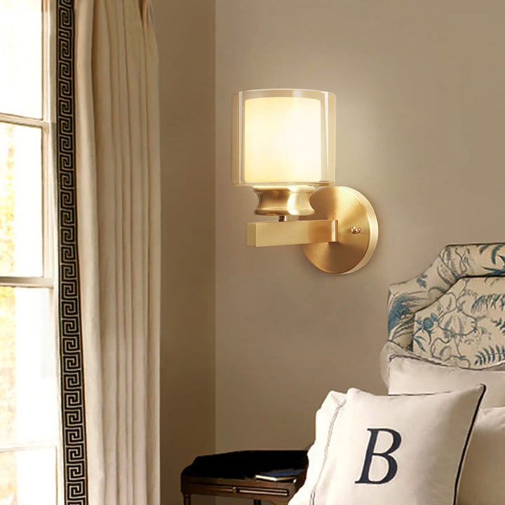 Skørter | Modern Style Cylindrical Wall Light 1 Light Clear and White Glass Wall Mount Lamp in Brass for Bedroom