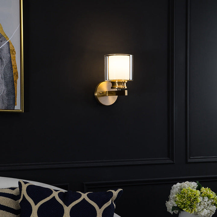 Skørter | Modern Style Cylindrical Wall Light 1 Light Clear and White Glass Wall Mount Lamp in Brass for Bedroom