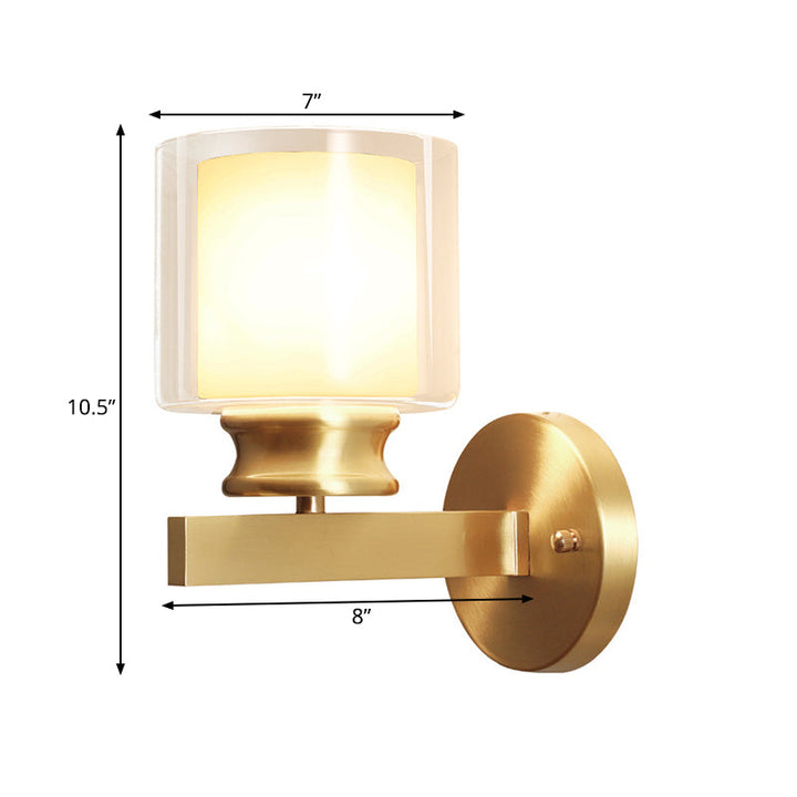 Skørter | Modern Style Cylindrical Wall Light 1 Light Clear and White Glass Wall Mount Lamp in Brass for Bedroom