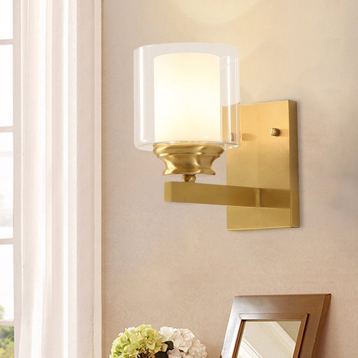 Skørter | Clear Glass Drum Wall Mounted Light Modern Style 1 Head Dining Room Wall Lighting in Brass