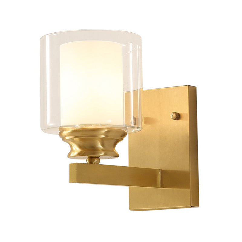 Skørter | Clear Glass Drum Wall Mounted Light Modern Style 1 Head Dining Room Wall Lighting in Brass