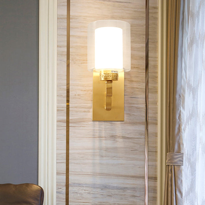 Skørter | 1 head wall light with cylinder shade clear and white glass modern style bedroom wall lamp in brass