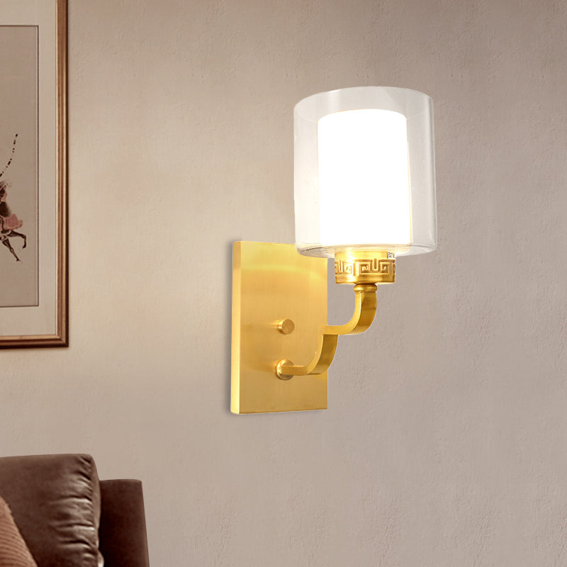 Skørter | 1 head wall light with cylinder shade clear and white glass modern style bedroom wall lamp in brass