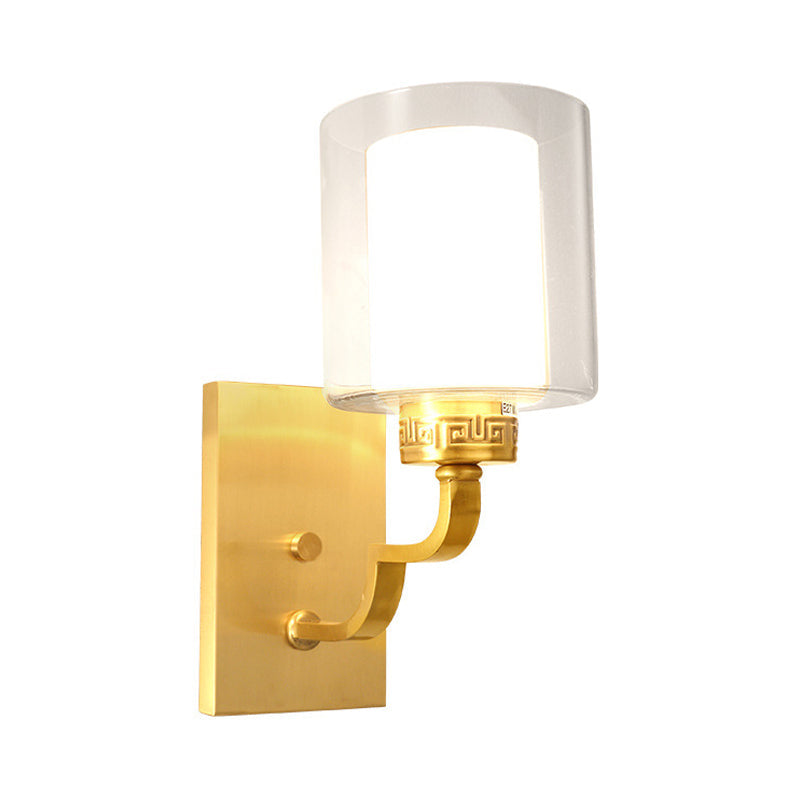 Skørter | 1 head wall light with cylinder shade clear and white glass modern style bedroom wall lamp in brass