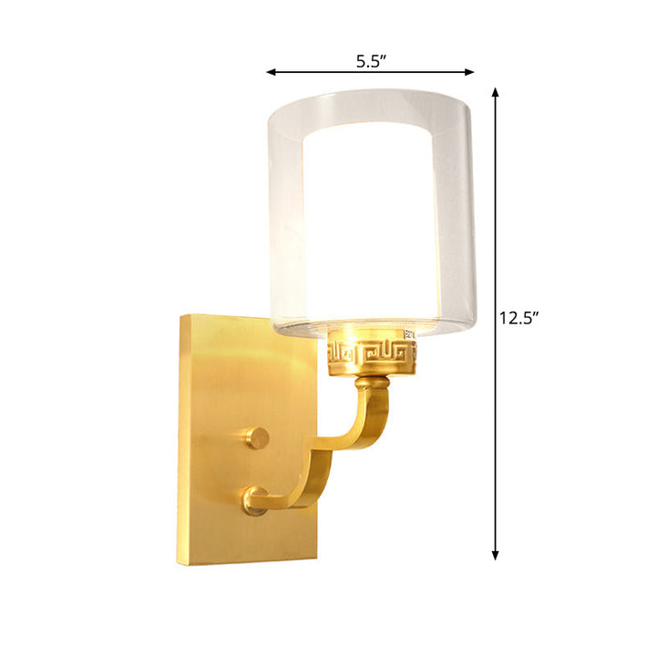 Skørter | 1 head wall light with cylinder shade clear and white glass modern style bedroom wall lamp in brass