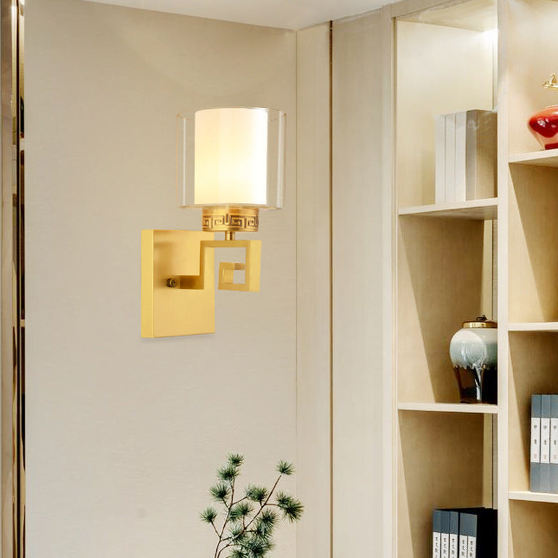 Skørter | Brass Finish Drum Wall Mounted Lamp Modern Style Double Glass 1 Light Hallway Wall Sconce