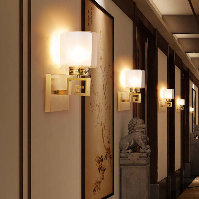Skørter | Brass Finish Drum Wall Mounted Lamp Modern Style Double Glass 1 Light Hallway Wall Sconce