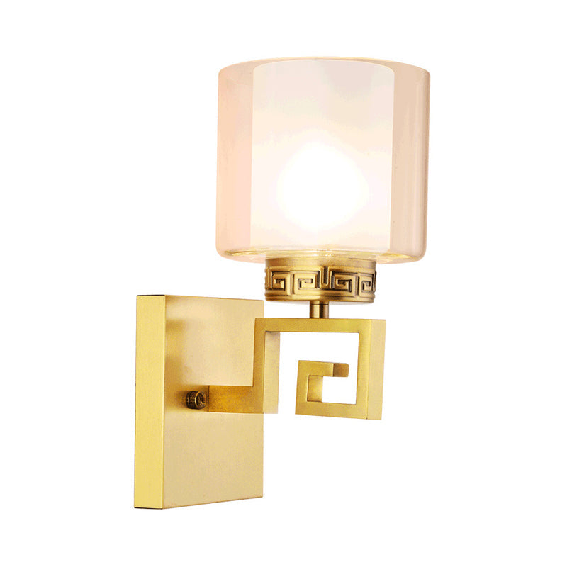 Skørter | Brass Finish Drum Wall Mounted Lamp Modern Style Double Glass 1 Light Hallway Wall Sconce