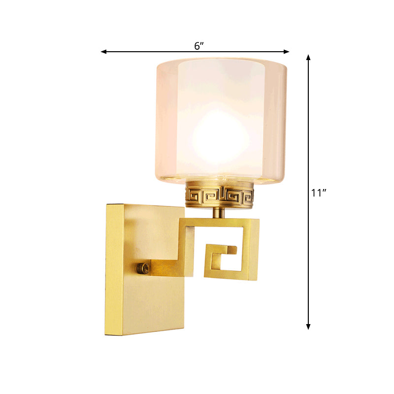 Skørter | Brass Finish Drum Wall Mounted Lamp Modern Style Double Glass 1 Light Hallway Wall Sconce