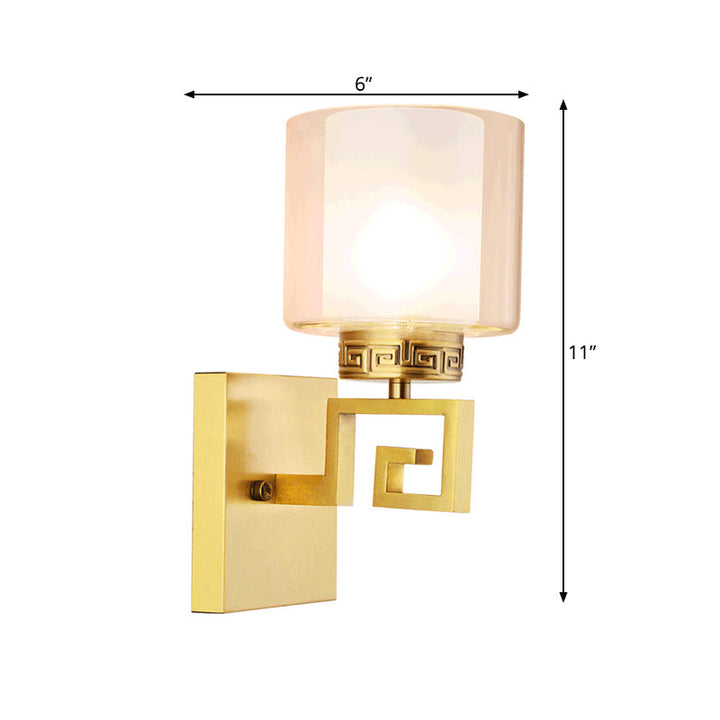 Skørter | Brass Finish Drum Wall Mounted Lamp Modern Style Double Glass 1 Light Hallway Wall Sconce